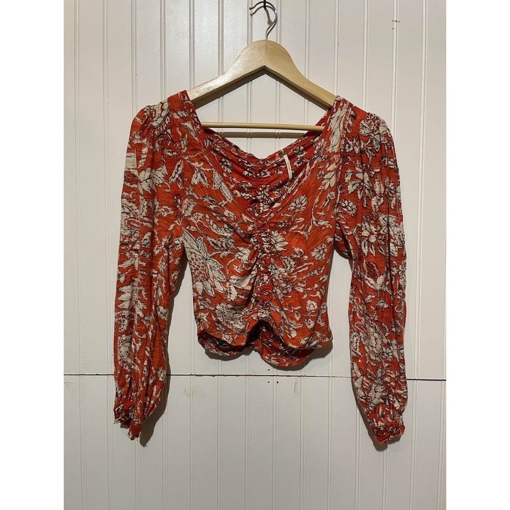 Free People Say The Word Floral Ruched Knit Crop Top Ruby Red Womens XSmall F72